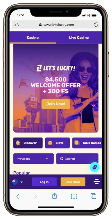 Primary page in the LetsLucky app