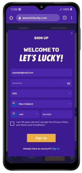 Sign Up Page of the LetsLucky mobile app