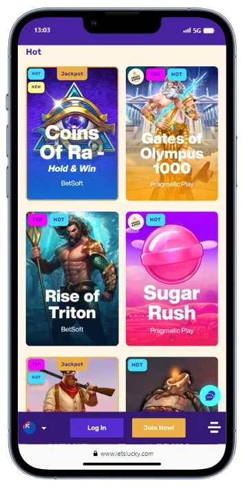 Interface of the Lets Lucky mobile app